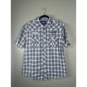 Ecko Unltd Mens XL Blue Plaid Short Sleeve Pearl‎ Snap Western Button Up Patches